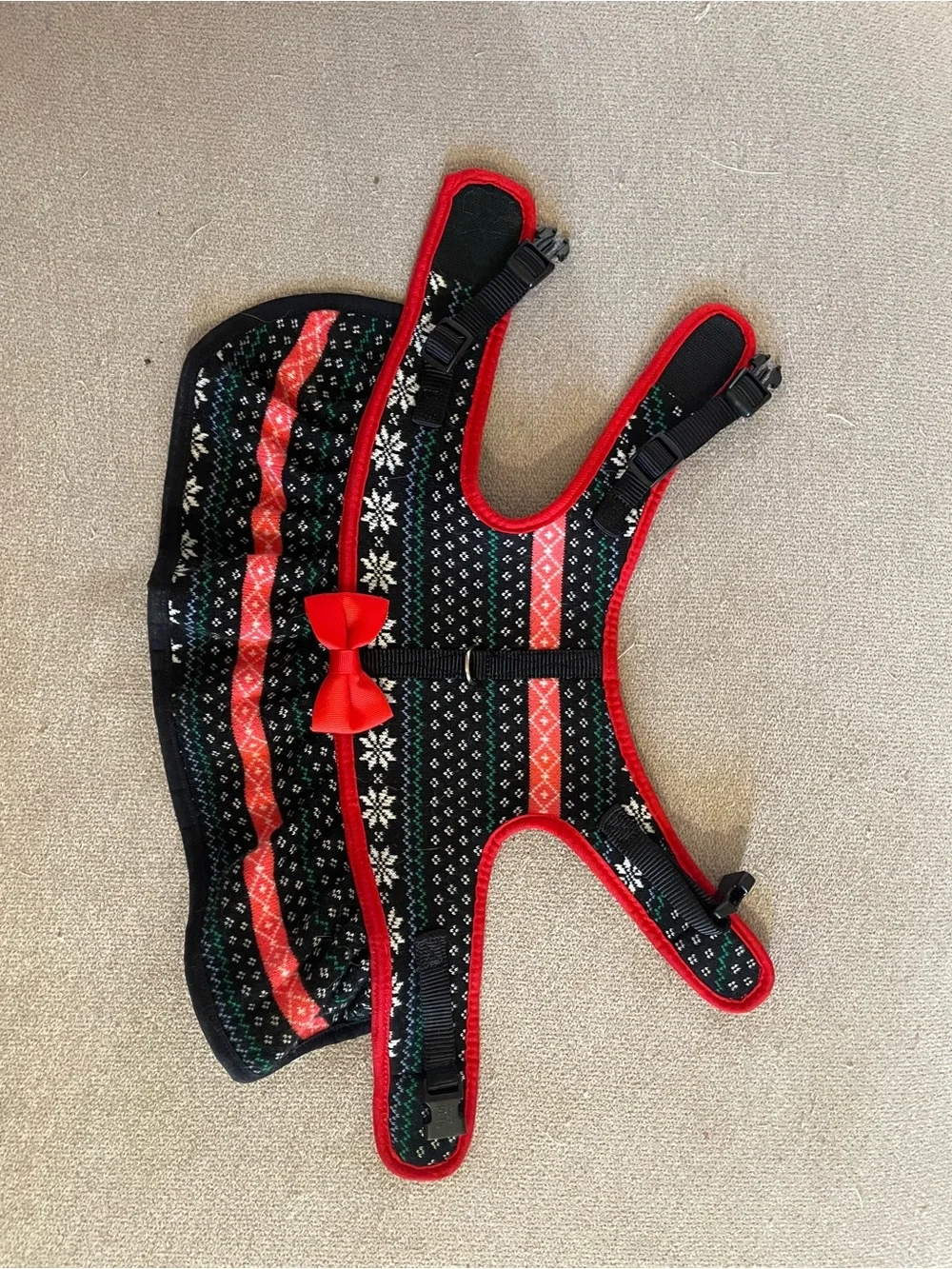 Dog Holiday Harness Vest Dress with Red Bow - Black & Red